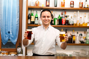 Bartender offering beers