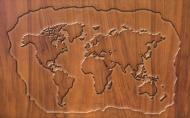 world map carving on wood board
