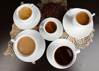 Assortment of different hot coffee drinks close up