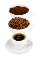 Different types of coffee in three cups isolated on white