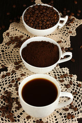 Different types of coffee in three cups on wooden table