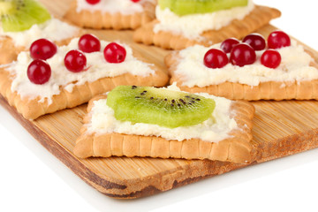 Tasty canapes with cheese, kiwi and cranberry,