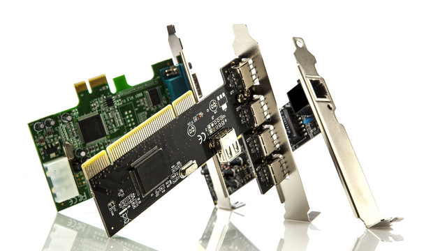 Assorted pci cards on white background