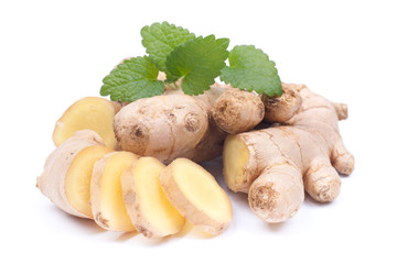 Fresh ginger on white ground