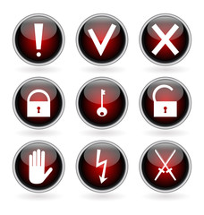 Black and red buttons with security, hazard and warning signs
