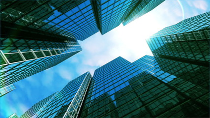 Moving on street with skyscrapers. Beautiful Looped animation.