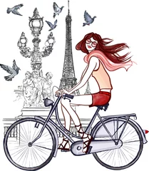 Fotobehang Illustratie Parijs vrouw op Alexander III-brug in Parijs