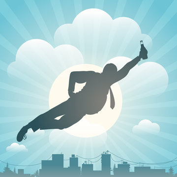 Silhouette of the man flying above the city, vector Eps10 image.