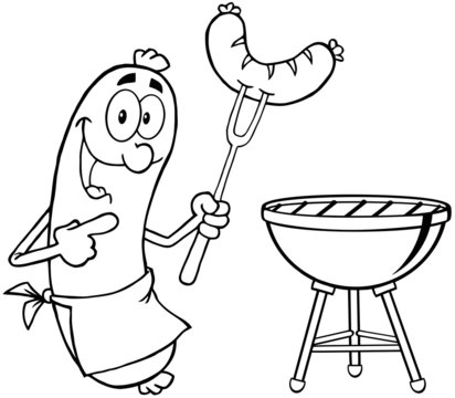 Outlined Happy Sausage With Sausage On Fork And Barbecue