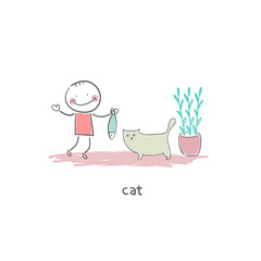 Man feeds cat fish. Illustration.