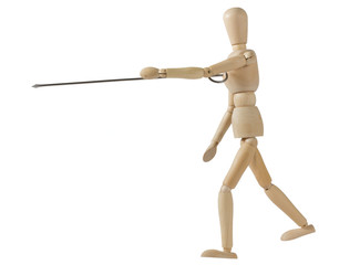 Wooden Mannequin Handling a Skewer as a Sword