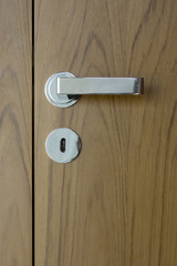 detail of wooden doors with chrome handle