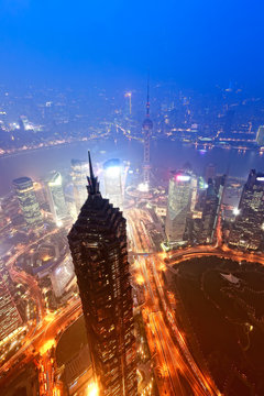 Beautiful Shanghai In The Evening,aerial View From World Financi