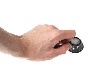 Hands holding a stethoscope isolated on white