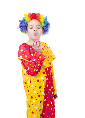 girl in clown costume blowing air bubbles