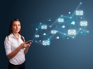 Young lady holding a phone with arrows and message icons