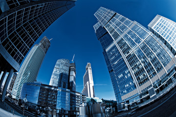 glass skyscraper in the Moscow City shot fisheye