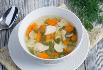 Chicken soup with vegetables and mushrooms