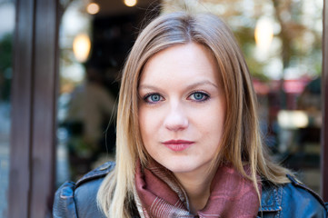 Fototapeta premium young attractive woman outdoors cafe portrait