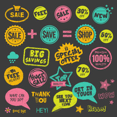 Set of hand drawn style badges and stickers on blackboard