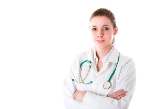 Beautiful female doctor with stethoscope portrait over white