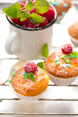 Cupcakes mit Himbeere und Puderzucker