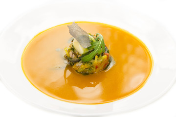 Mexican soup with vegetable puree peppers and chicken meat