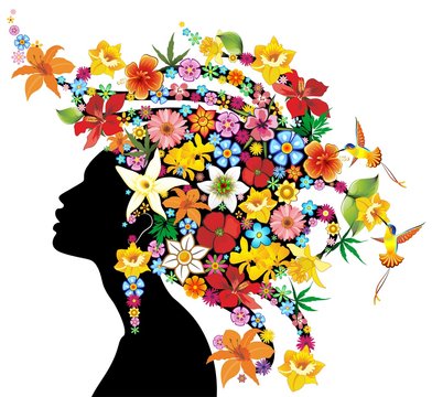 woman silhouette with colorful flowers and hummingbirds clip art preview