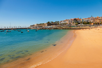 Beach, town and harbor of Cascais at summer, Portugal