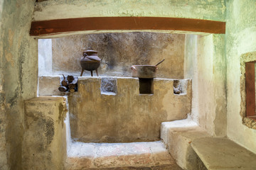medieval rustic kitchen with fireplace