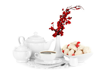 Beautiful white dinner service with an air meringues isolated