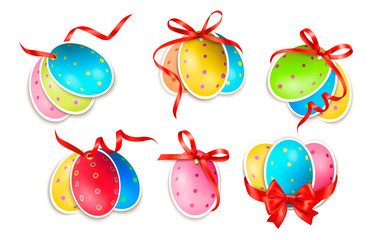 Decorative easter eggs.Easter cards with red bow and ribbons. Ve