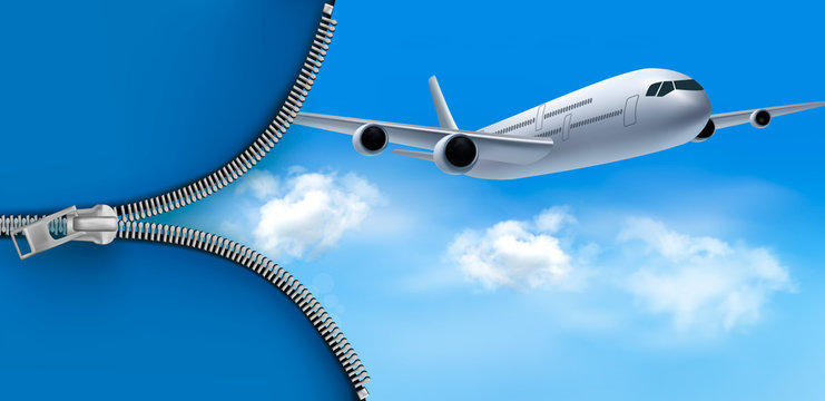Travel background with airplane on blue sky. Vector