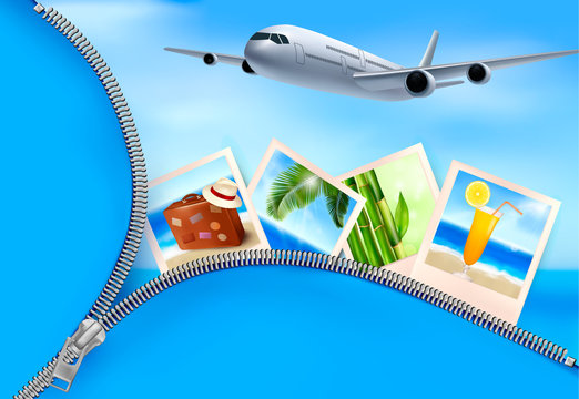 Background with airplane and with photos from holidays. Travel c