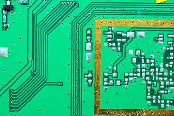 Close up on a processor line of the old electronic circuit board