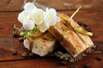 Natural handmade soap, on wooden background