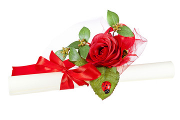 parchment certificate with rose and ladybug