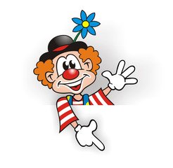 Clown pointing on board