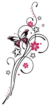 Tattoo, Blumen, Blüten, Schmetterling, pink, rosa