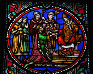 Pepin the Younger and Pope Stephen II - Stained glass window
