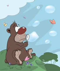 Fototapeta premium Bear cub and soap bubbles cartoon
