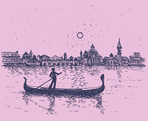 Vector sketch. The gondolier floats on a gondola in Venice © Marina