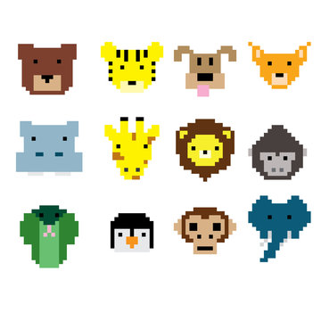 Vector pixel animal face collection