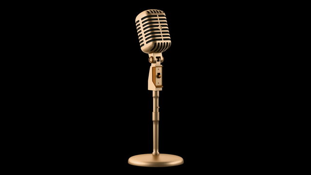 golden vintage microphone loop rotate on black background