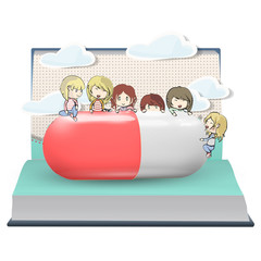 Several kids around pill printed on open book. Vector design.