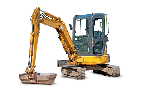 Yellow Excavator at Construction Site - white background