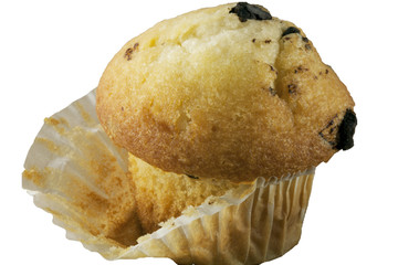 A blueberry muffin in a paper muffin cup
