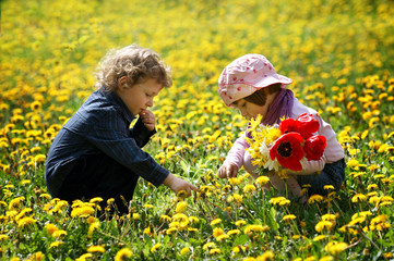 boy and girl in summer flowers field