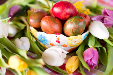 Easter eggs and tulips