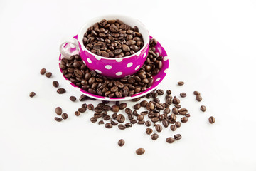 Cup of coffee with star cookies on white background